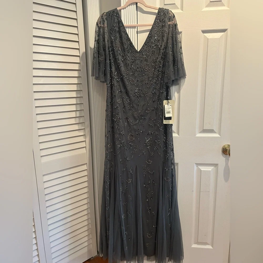 NEW Adrianna Papell Gray Scoop Back Beaded Gown - Picture 2 of 7